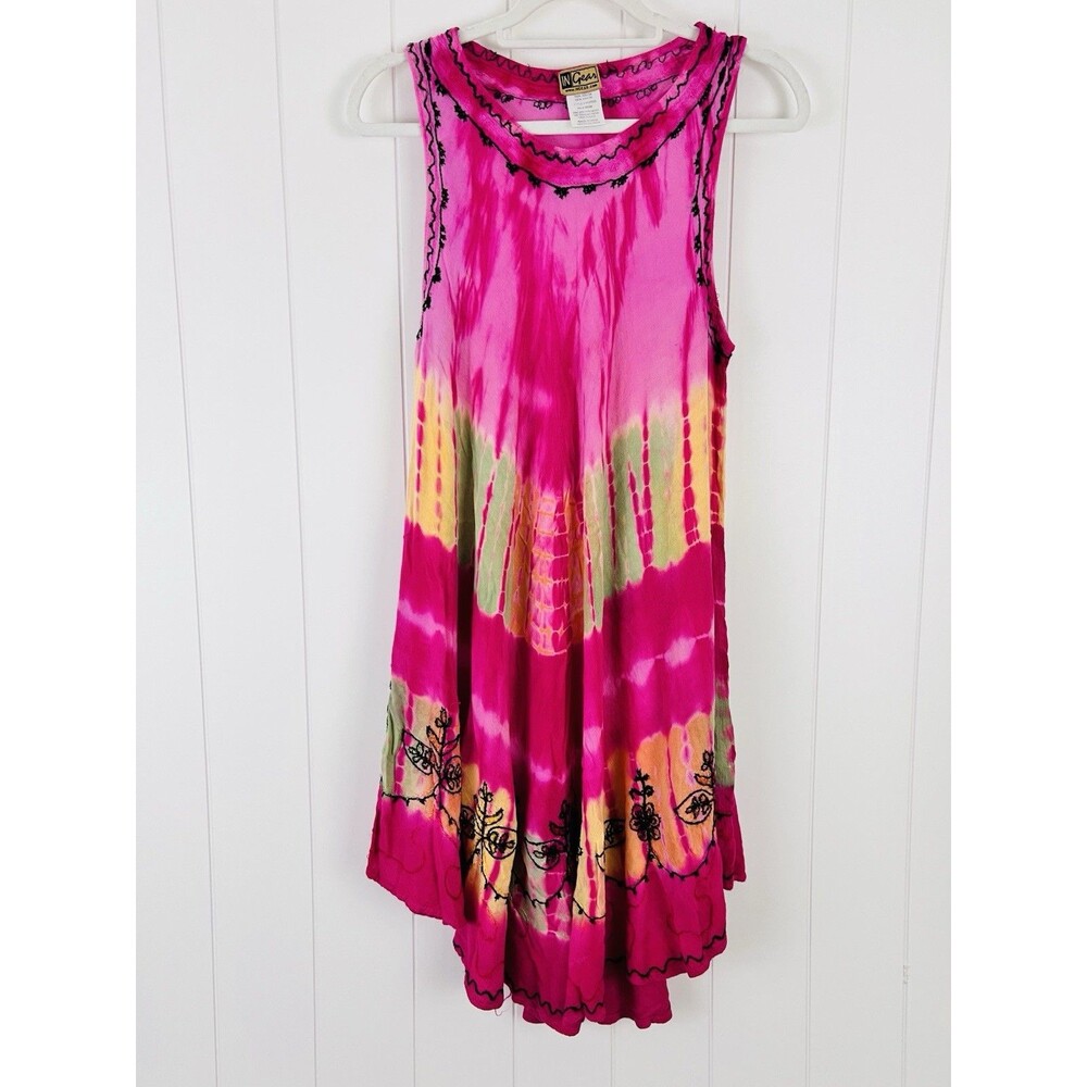 In Gear Pink Tie Dye Boho Hippie One Size Fits Most 100% Rayon Flowy Sun Dress
